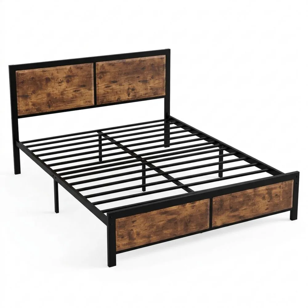 Estructura de Cama Metálica 140 x 200 cm con Cabecero de Madera y Espacio de Almacenamiento