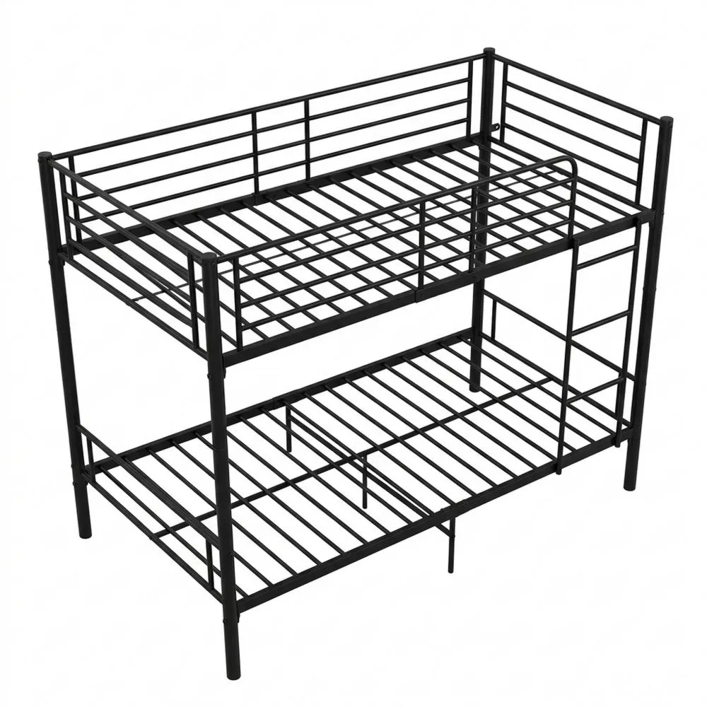 Cama Litera de Metal 90x200 cm con Base de Listones y Protección para Niños en Negro