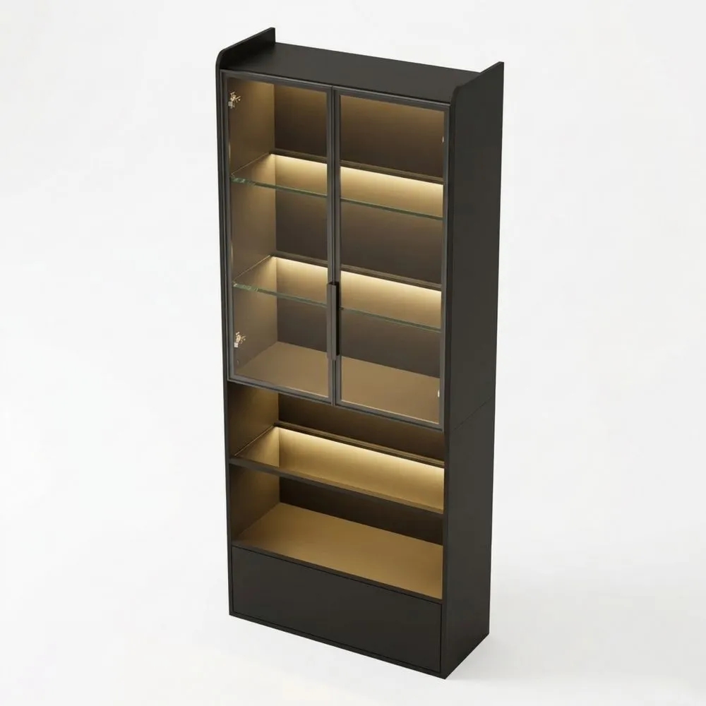 Vitrina alta con 1 cajón y puertas de cristal, 80 x 34 x 180 cm, con LED y partición abierta, negro