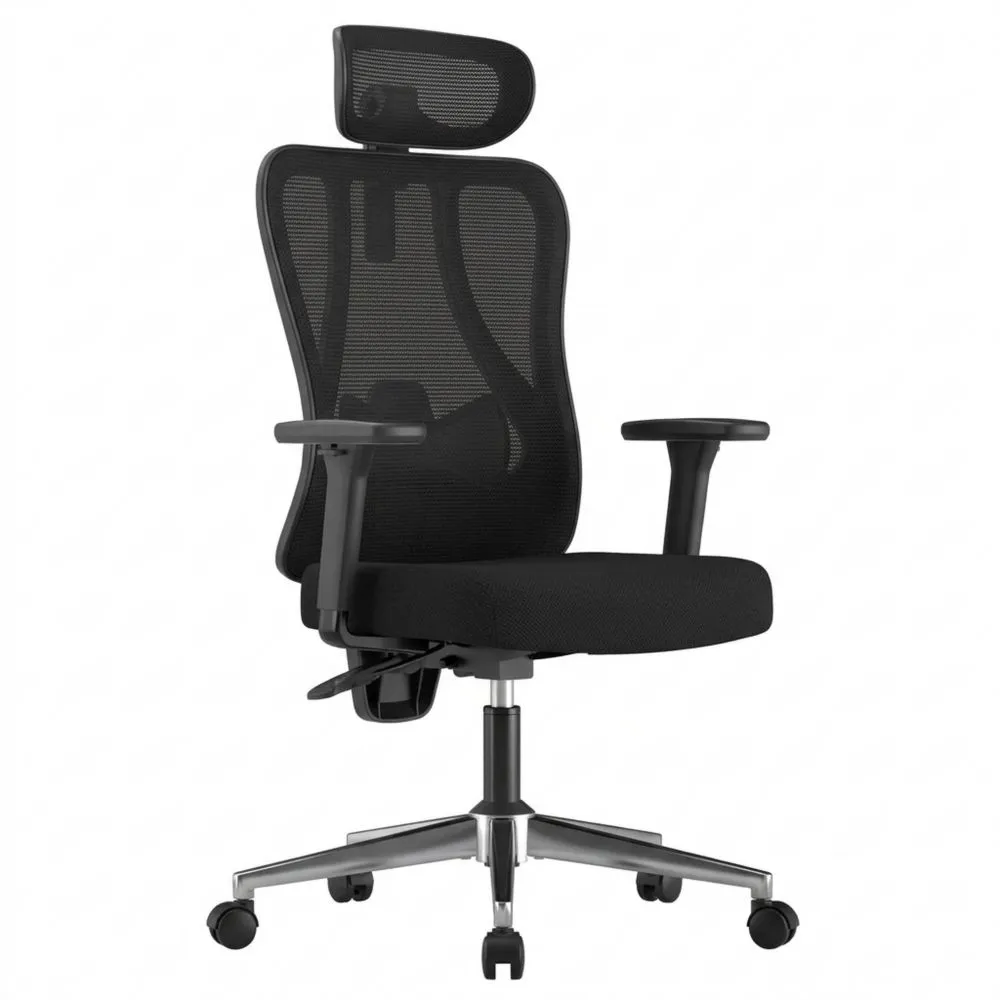Silla ergonómica de oficina con soporte lumbar, reclinación de gran ángulo, respaldo de malla elástica, color negro