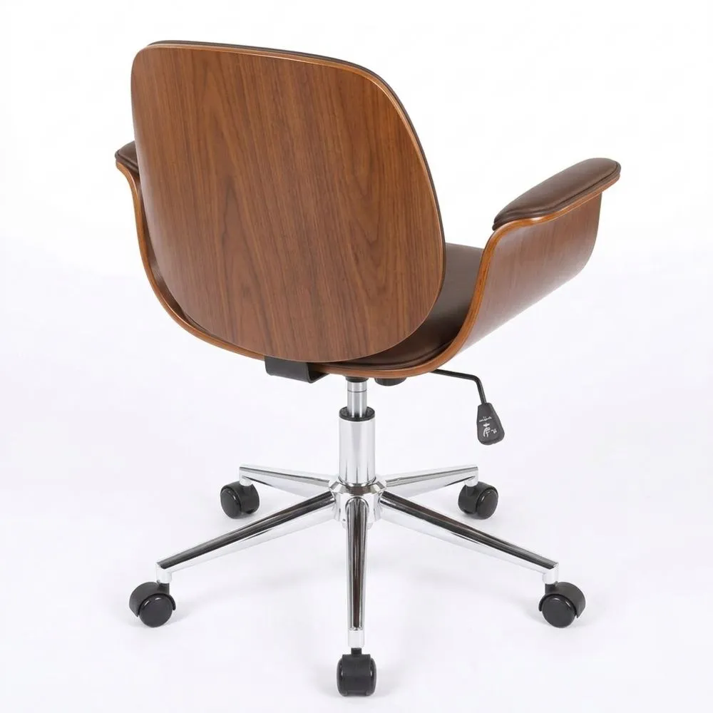 Silla de Oficina Ajustable en Cuero y Madera, Color Nogal/Negro