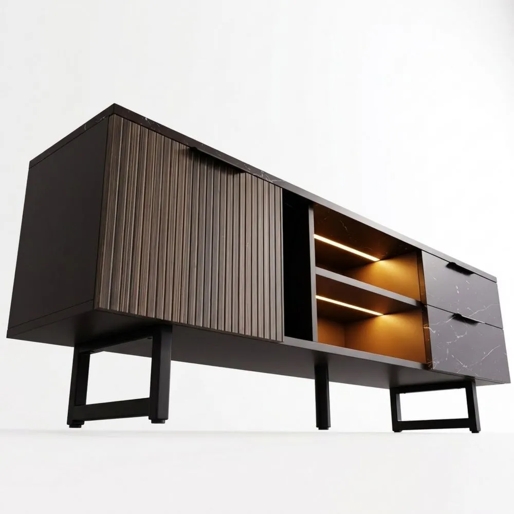 Mueble de TV con Cajones y Puertas, Iluminación LED, Acabado Mármol Negro, Soporte con Patas Metálicas
