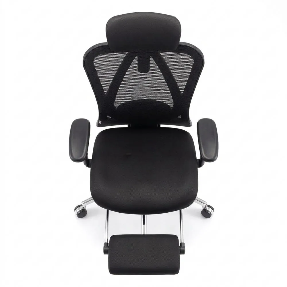 Silla de oficina ergonómica con reposapiés, respaldo alto y reposabrazos ajustables, malla cómoda y ruedas suaves