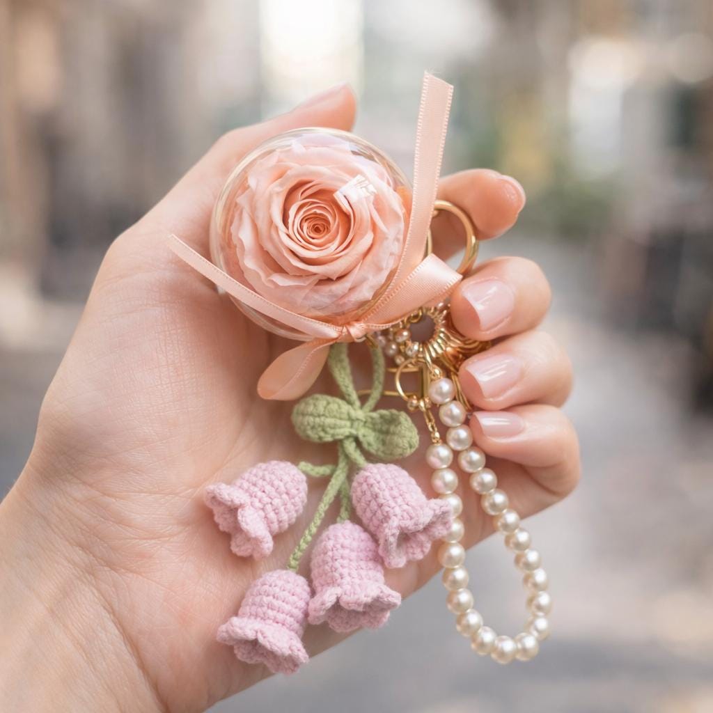 Preserved Rose and Crochet Lily of the Valley Pearl Keychain – Handmade – 5 cm Acrylic Sphere