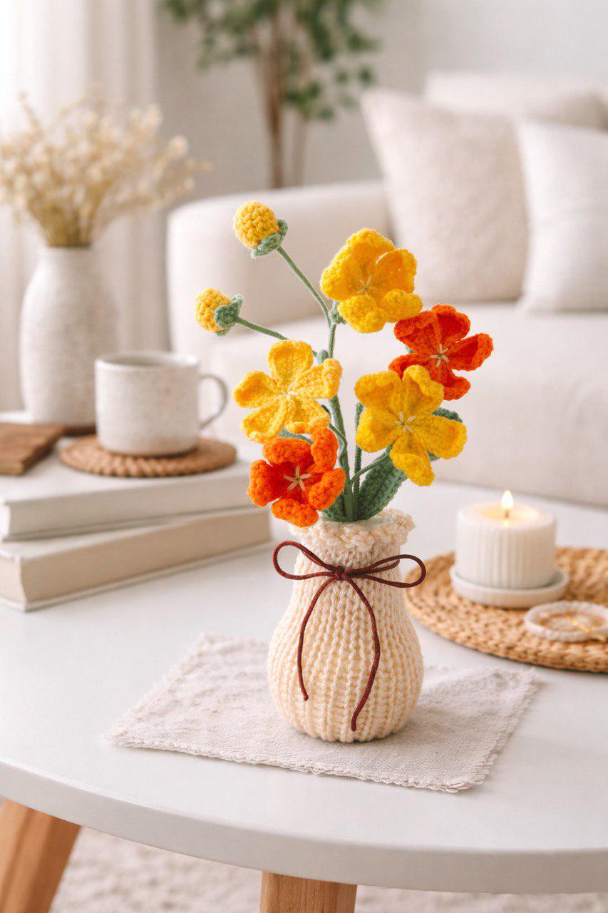 Handmade Crochet Wildflower Arrangement in Vase – 30 cm – No Watering Needed