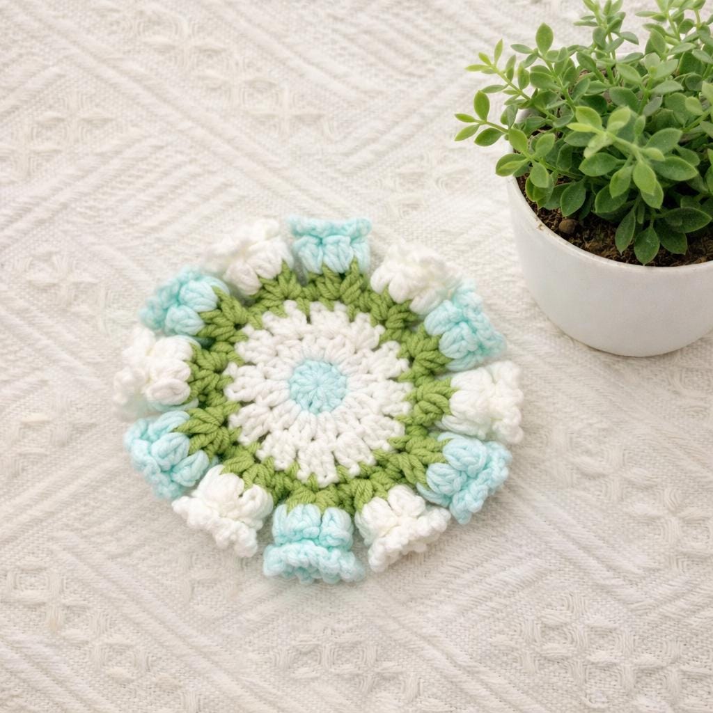Handmade Crochet Coasters – 12 Colors – Floral Design – Approx. 10 cm