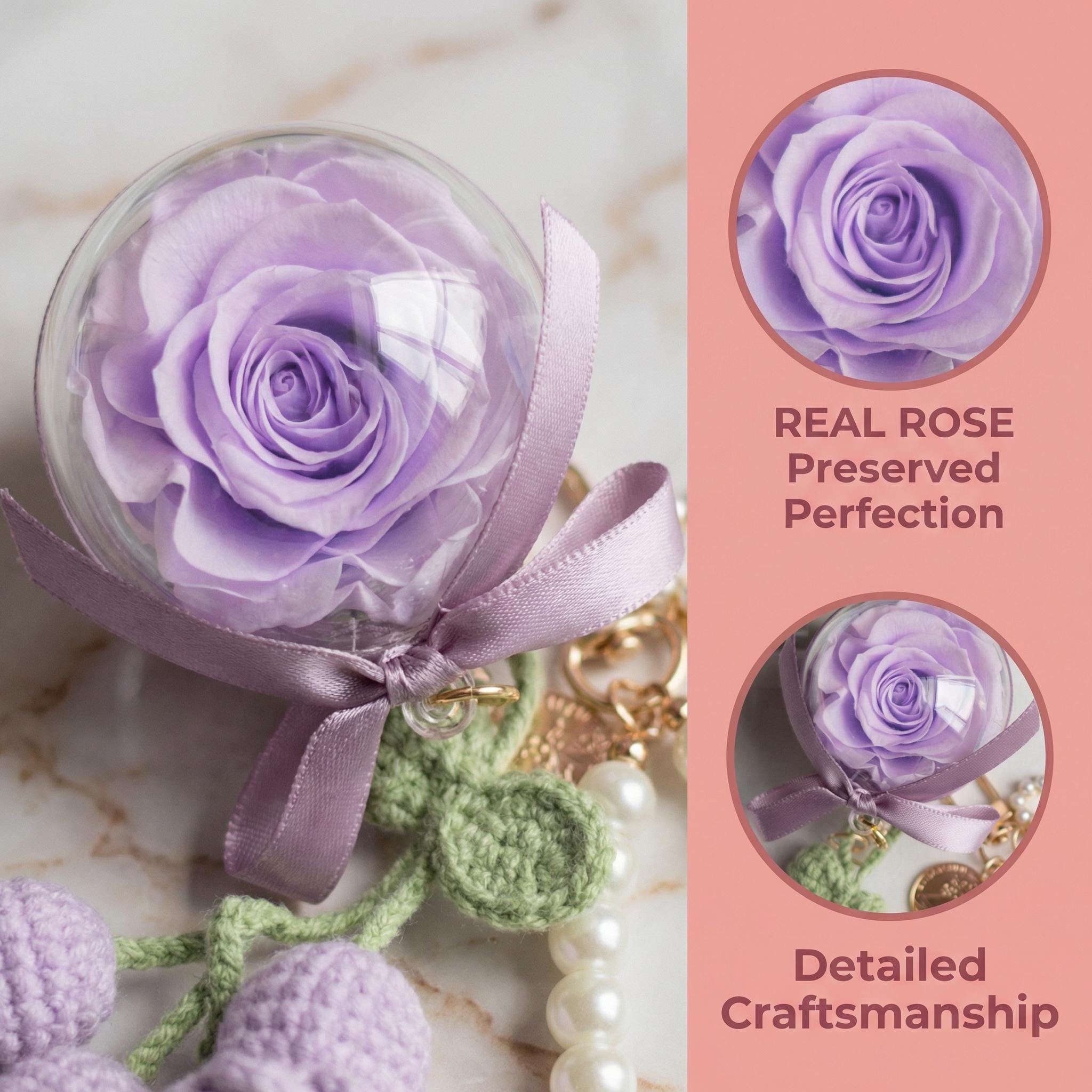 Preserved Rose and Crochet Lily of the Valley Pearl Keychain – Handmade – 5 cm Acrylic Sphere