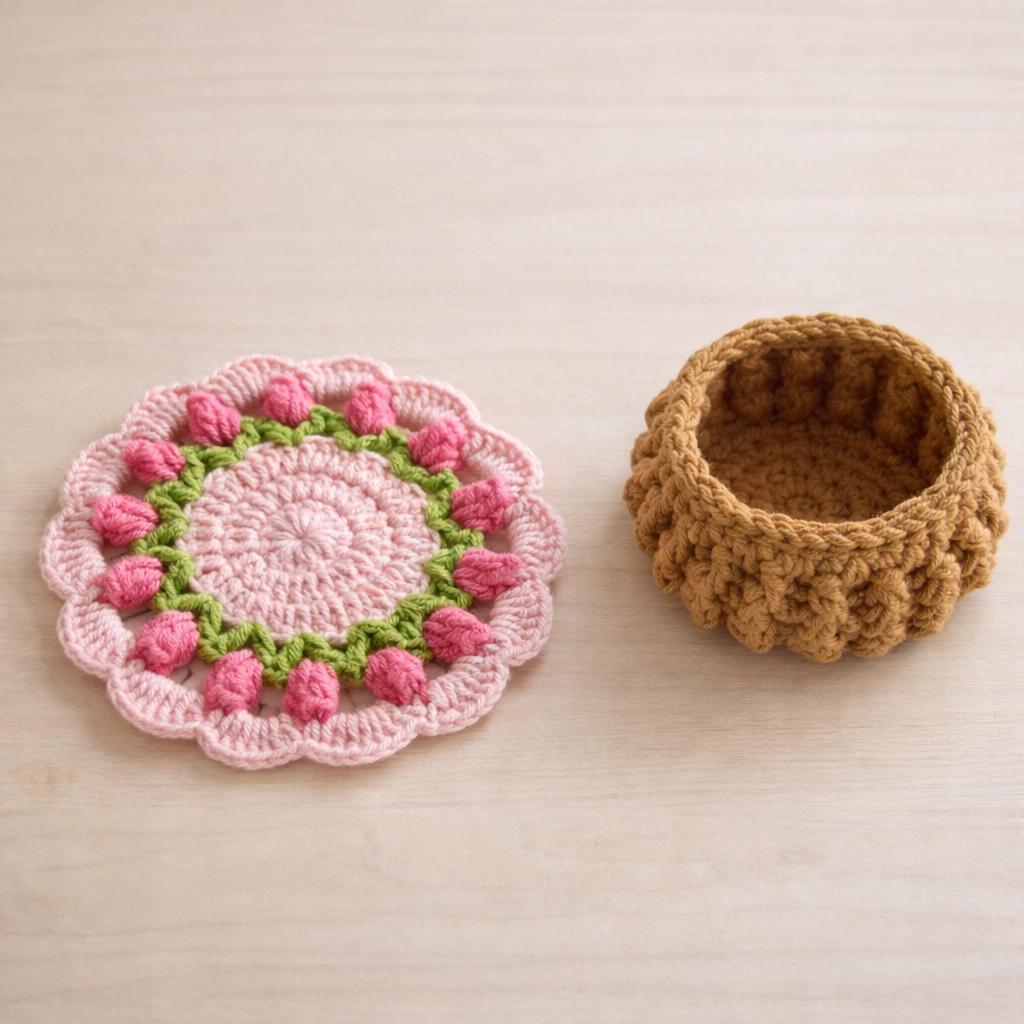 Crochet Tulip Coaster – Handmade – Use as Coaster or Decorative Basket