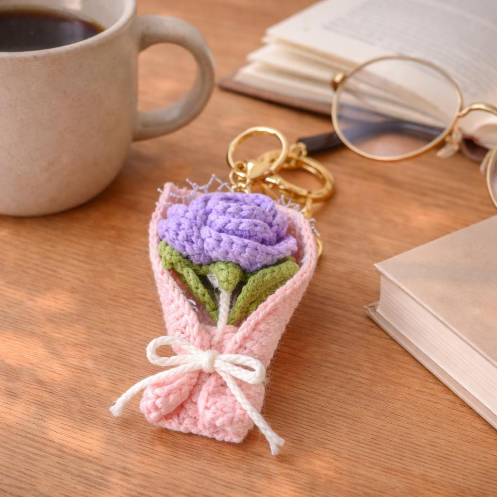 Handmade Mini Crochet Flower Bouquet Keychain – 9 Styles – Soft Yarn