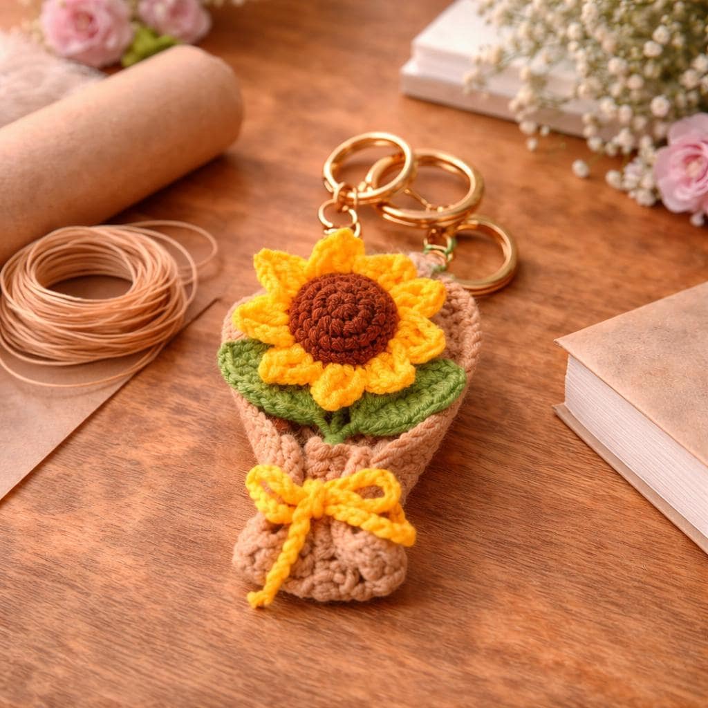 Handmade Mini Crochet Flower Bouquet Keychain – 9 Styles – Soft Yarn