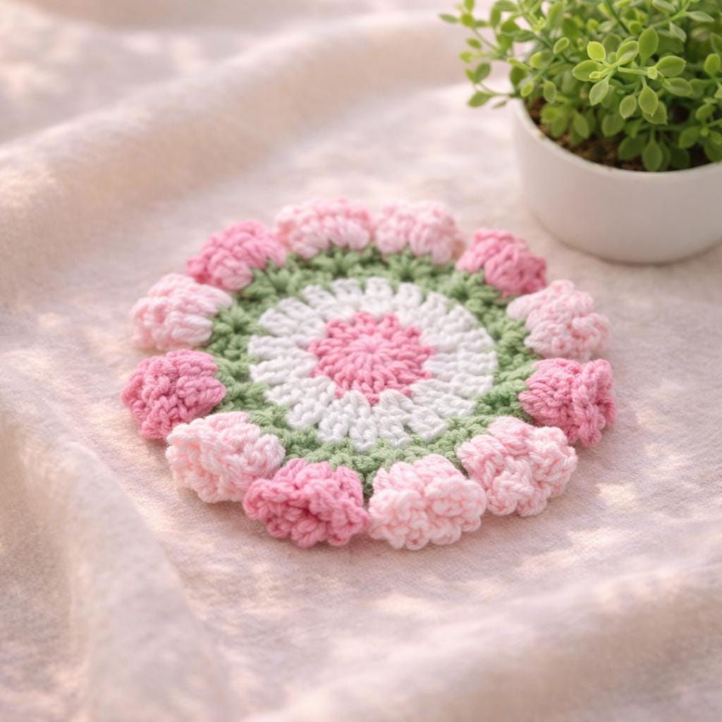 Handmade Crochet Coasters – 12 Colors – Floral Design – Approx. 10 cm