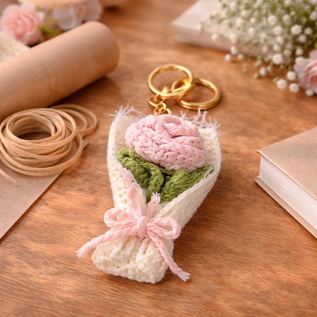 Handmade Mini Crochet Flower Bouquet Keychain – 9 Styles – Soft Yarn
