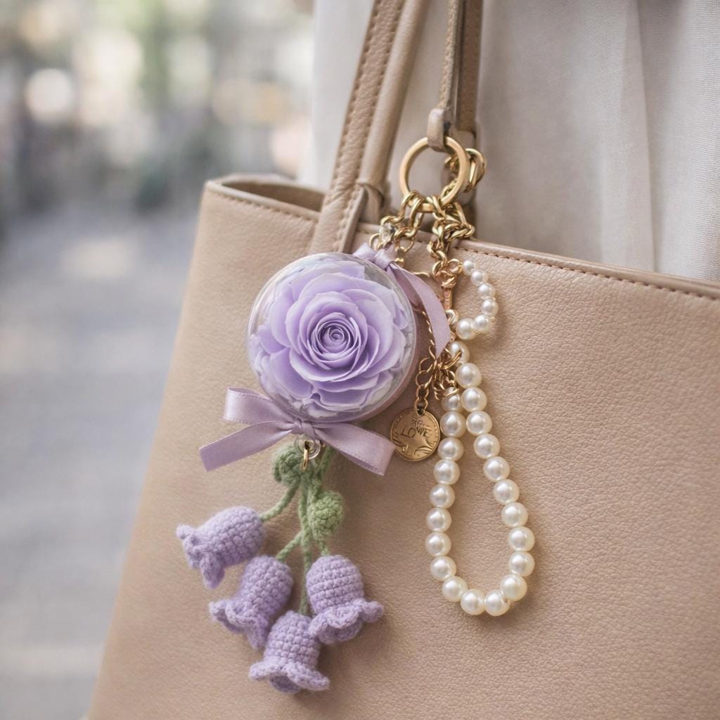 Preserved Rose and Crochet Lily of the Valley Pearl Keychain – Handmade – 5 cm Acrylic Sphere
