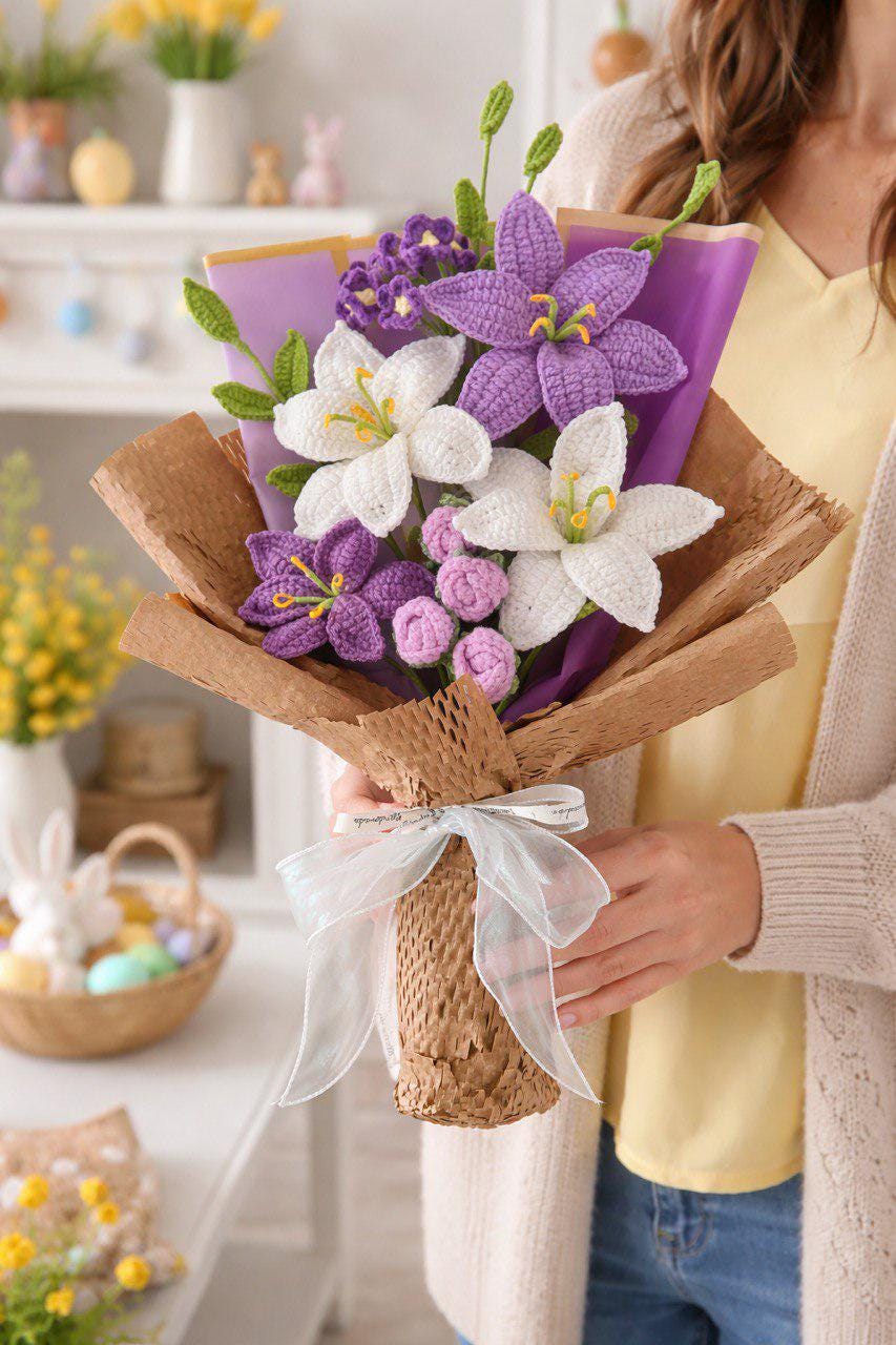Handmade Crochet Lilies – Blue & White Bouquet – Wrapped – Floral Home Decor