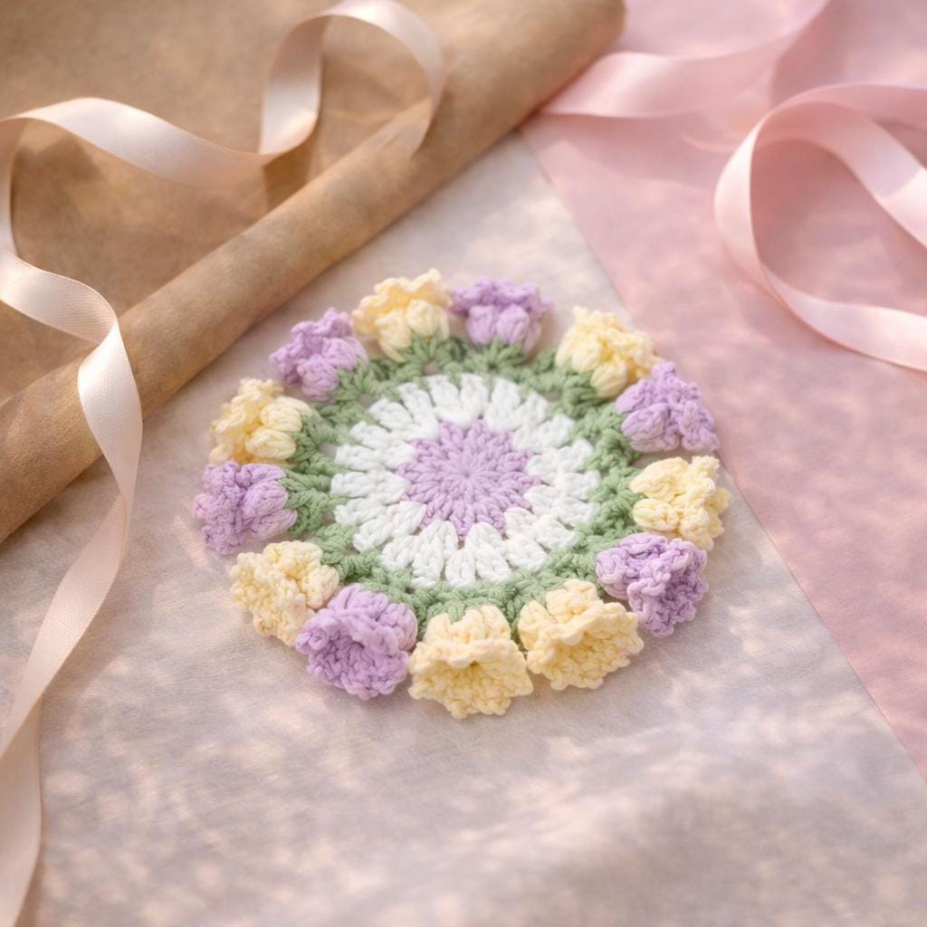 Handmade Crochet Coasters – 12 Colors – Floral Design – Approx. 10 cm