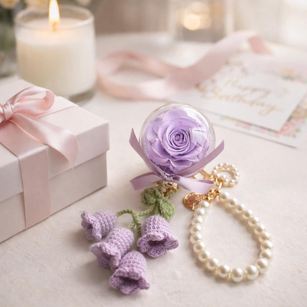 Preserved Rose and Crochet Lily of the Valley Pearl Keychain – Handmade – 5 cm Acrylic Sphere