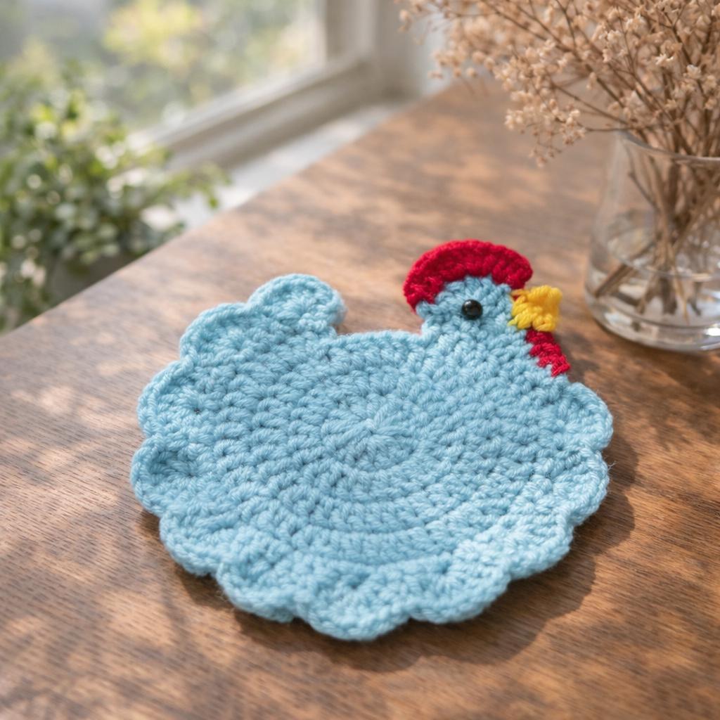 Crochet Chicken Coaster Set – 4 Colors Available – Handmade – Soft Yarn