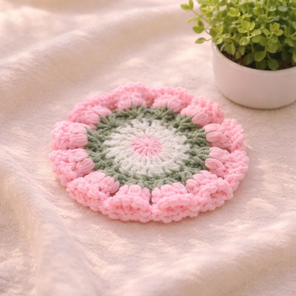 Handmade Crochet Coasters – 12 Colors – Floral Design – Approx. 10 cm
