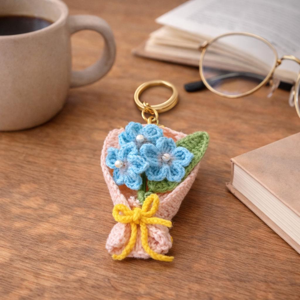 Handmade Mini Crochet Flower Bouquet Keychain – 9 Styles – Soft Yarn