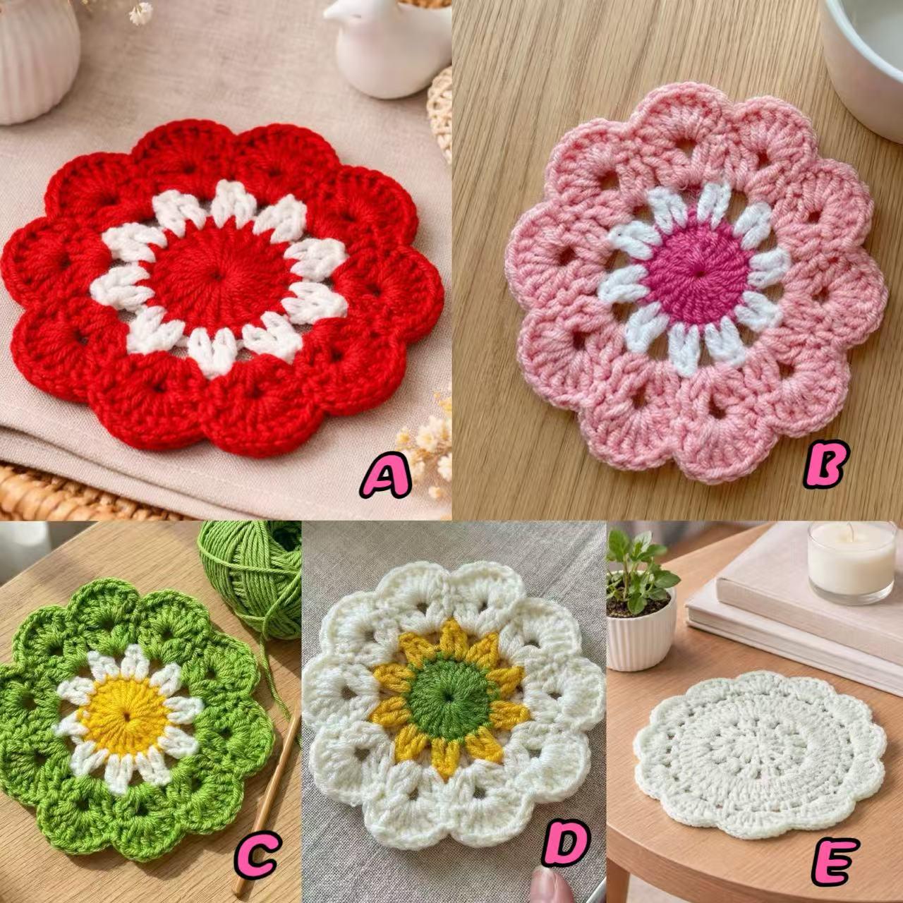 Crochet Coaster Set – 5 Flower Styles – Handmade – Desk or Dining Table Decor