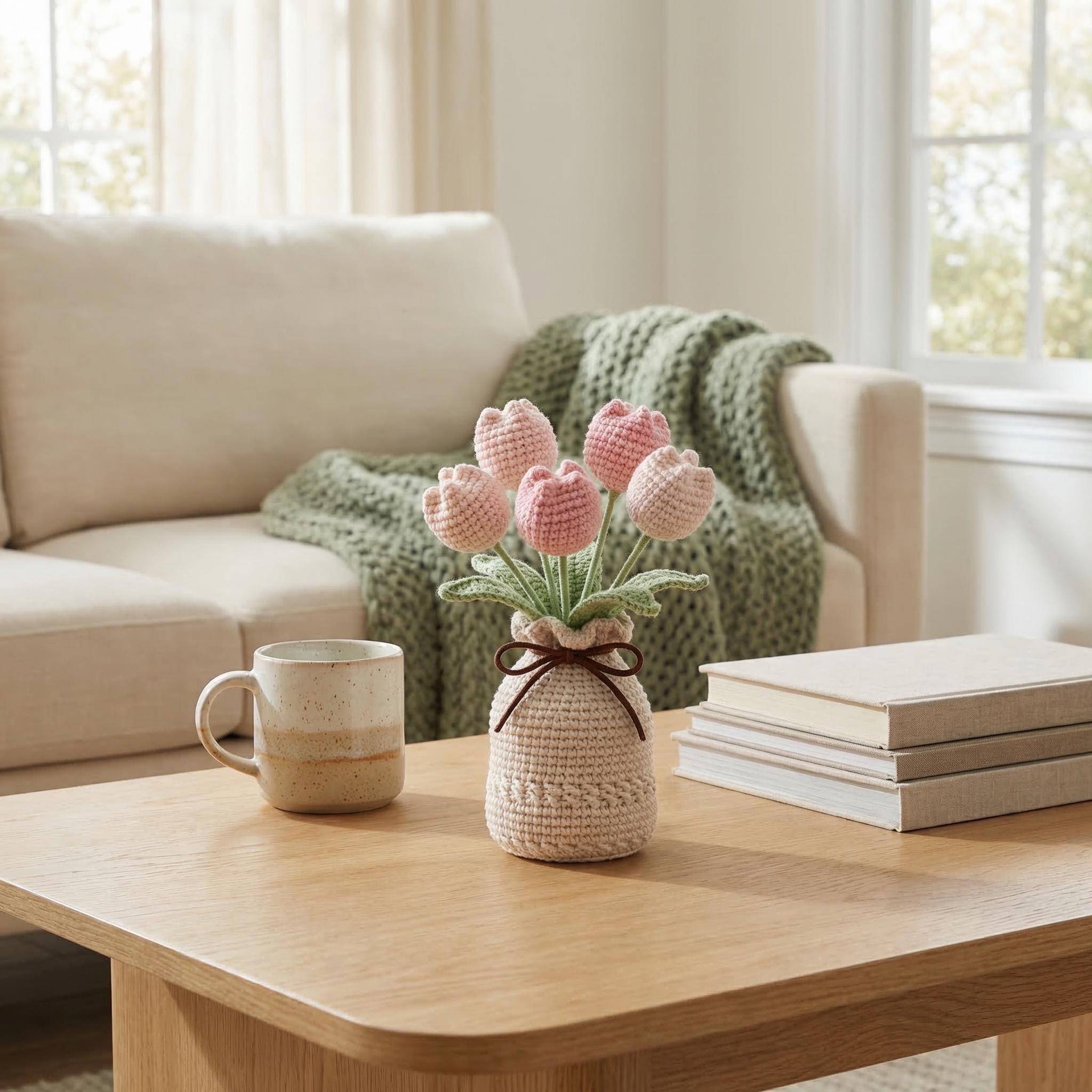 Crochet Tulip Flower in Vase, Handmade Knitted Tulip Bouquet,  Cute Desk Decor