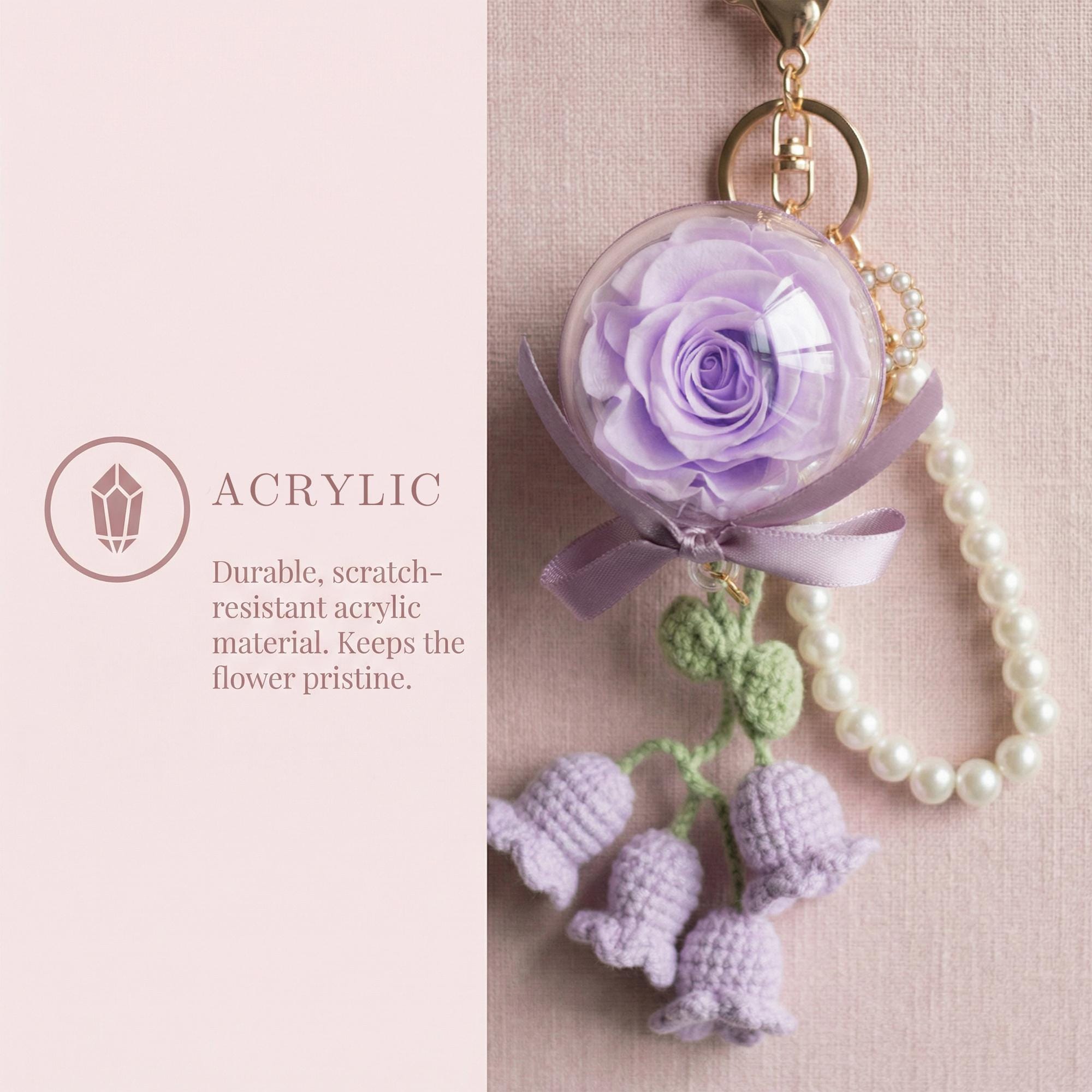 Preserved Rose and Crochet Lily of the Valley Pearl Keychain – Handmade – 5 cm Acrylic Sphere
