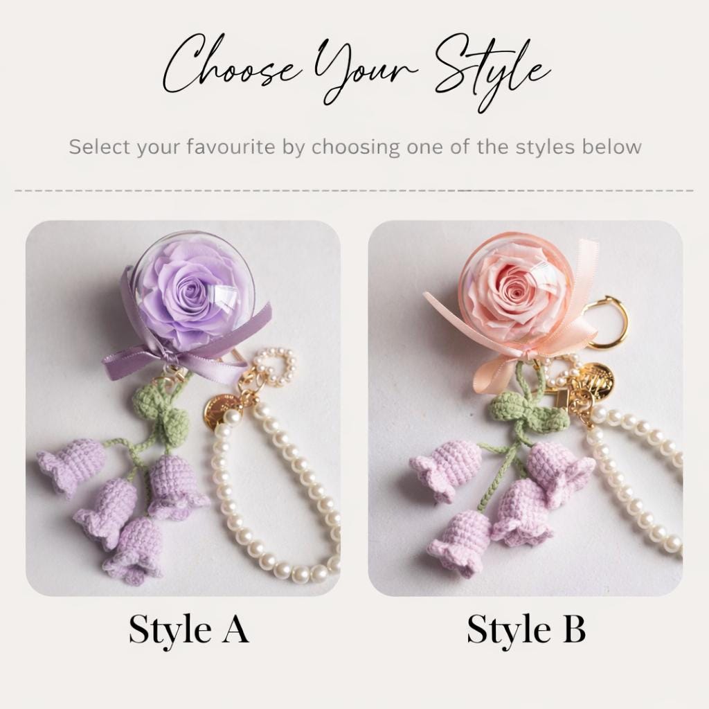 Preserved Rose and Crochet Lily of the Valley Pearl Keychain – Handmade – 5 cm Acrylic Sphere