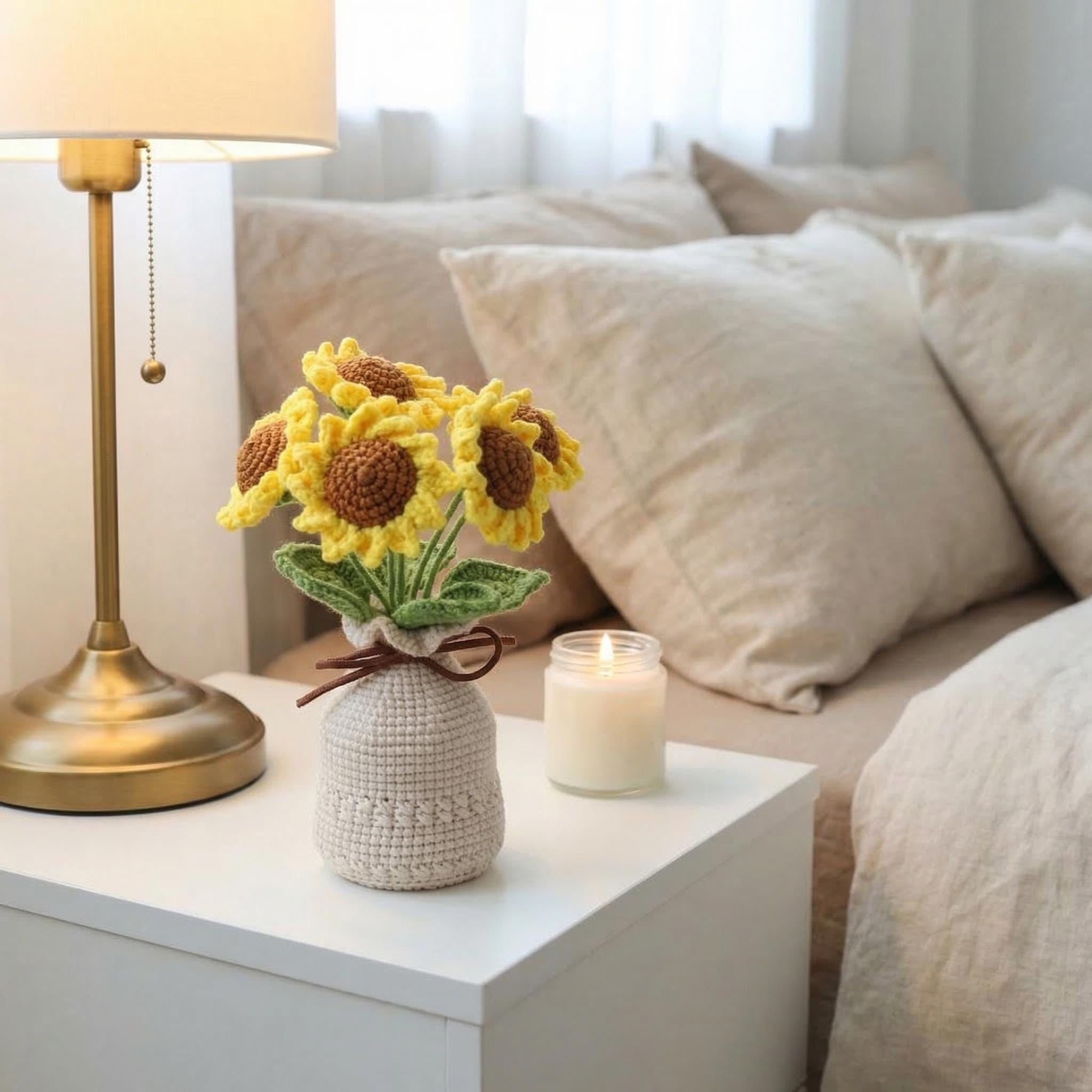 Crochet Tulip Flower in Vase, Handmade Knitted Tulip Bouquet,  Cute Desk Decor