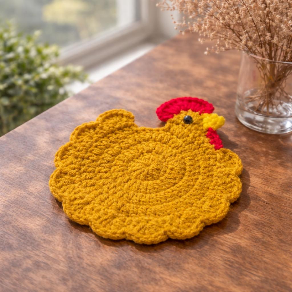Crochet Chicken Coaster Set – 4 Colors Available – Handmade – Soft Yarn