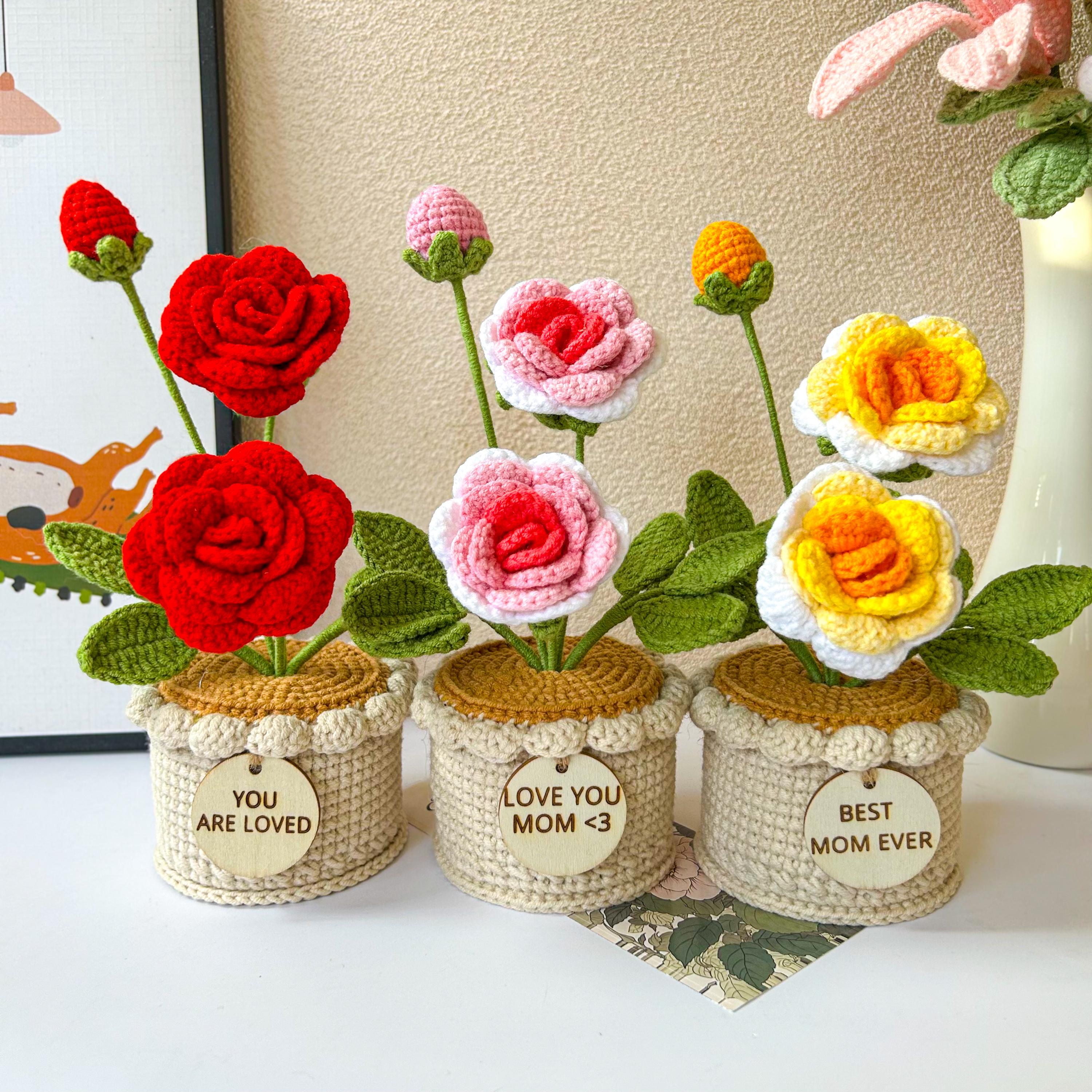 Mini Crochet Potted Rose, Lily of the Valley, and Sunflower – Handmade