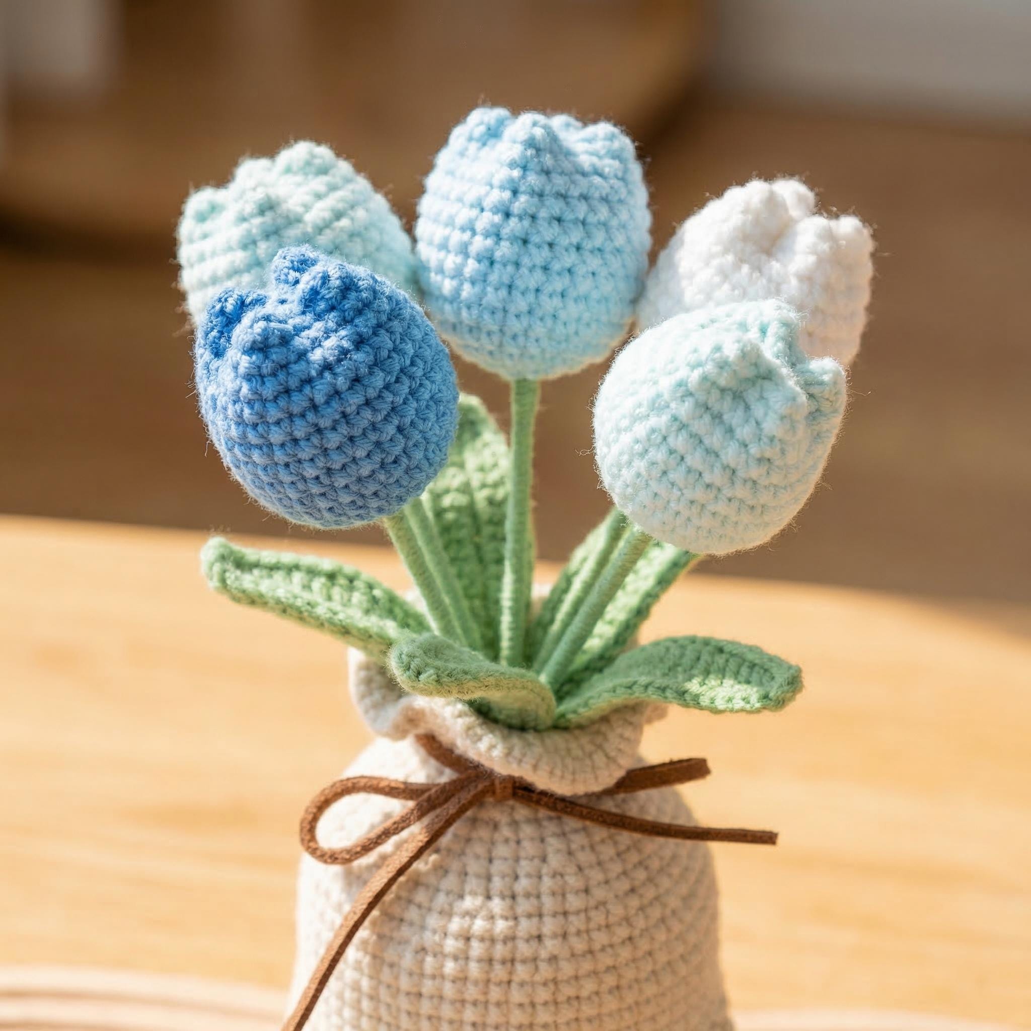 Crochet Tulip Flower in Vase, Handmade Knitted Tulip Bouquet,  Cute Desk Decor