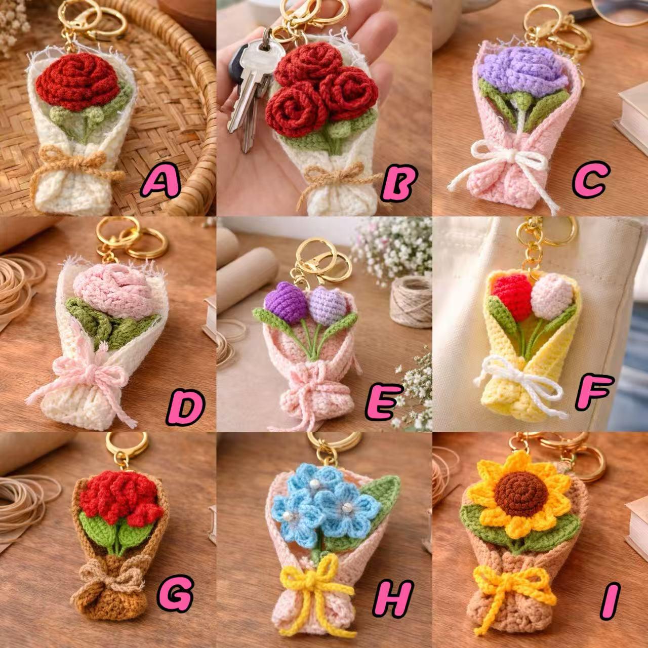 Handmade Mini Crochet Flower Bouquet Keychain – 9 Styles – Soft Yarn