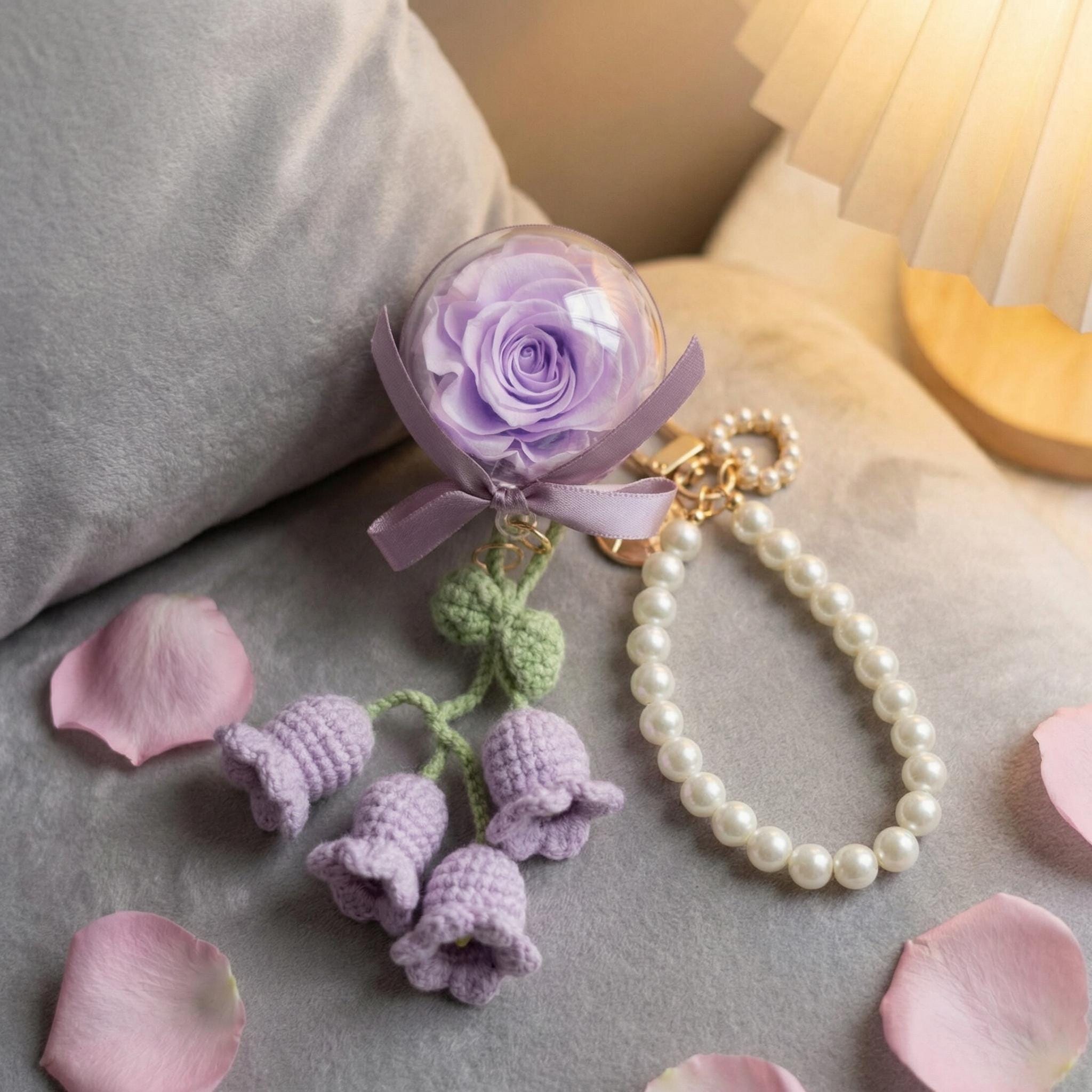 Preserved Rose and Crochet Lily of the Valley Pearl Keychain – Handmade – 5 cm Acrylic Sphere
