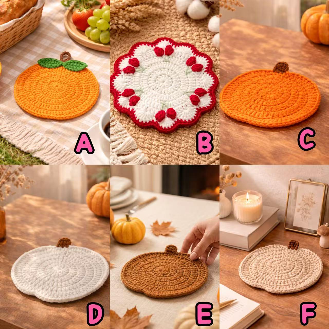 Crochet Coaster Set – Pumpkin, Orange, Cherry Styles – Handmade – Protects Surfaces from Heat