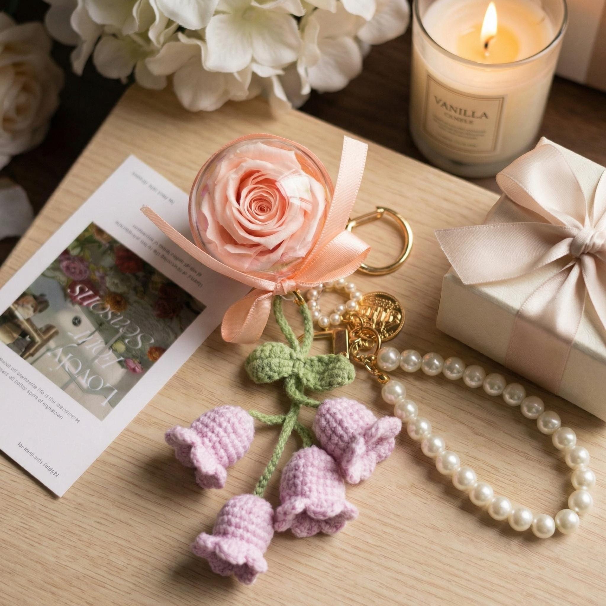 Preserved Rose and Crochet Lily of the Valley Pearl Keychain – Handmade – 5 cm Acrylic Sphere
