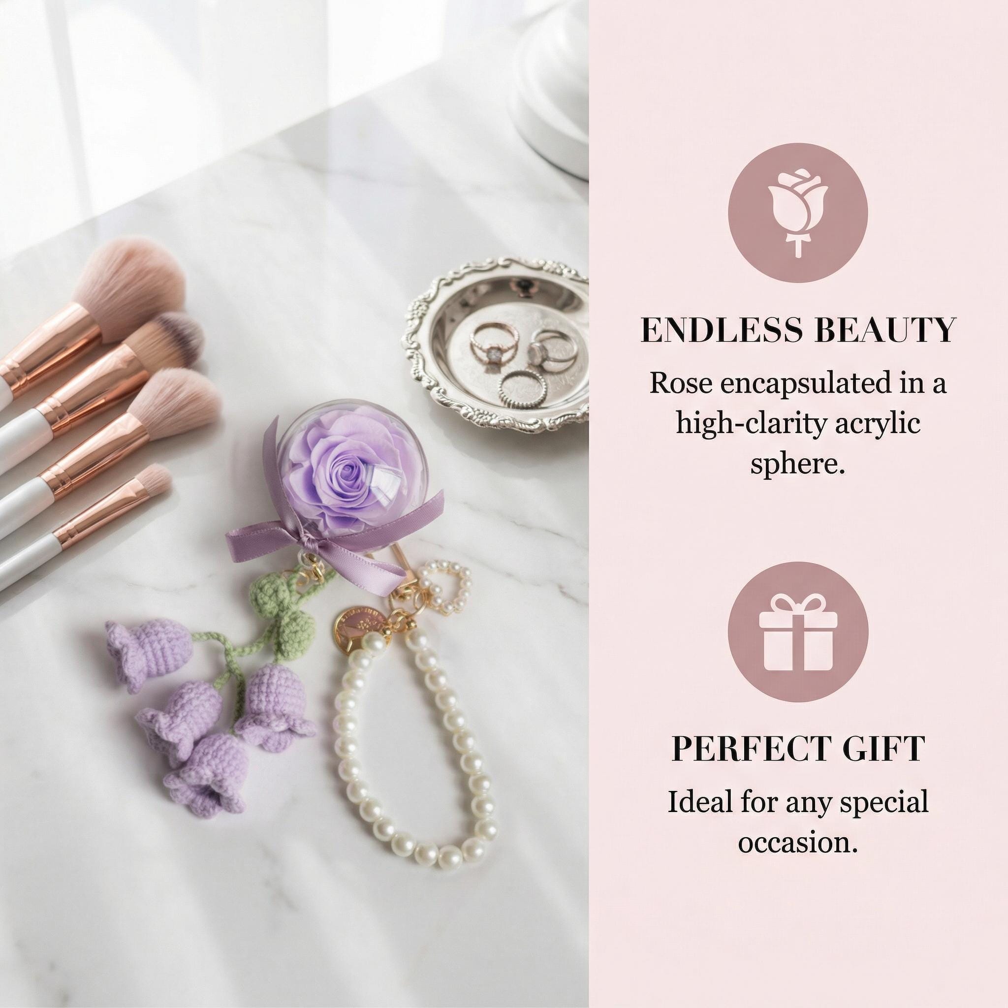 Preserved Rose and Crochet Lily of the Valley Pearl Keychain – Handmade – 5 cm Acrylic Sphere