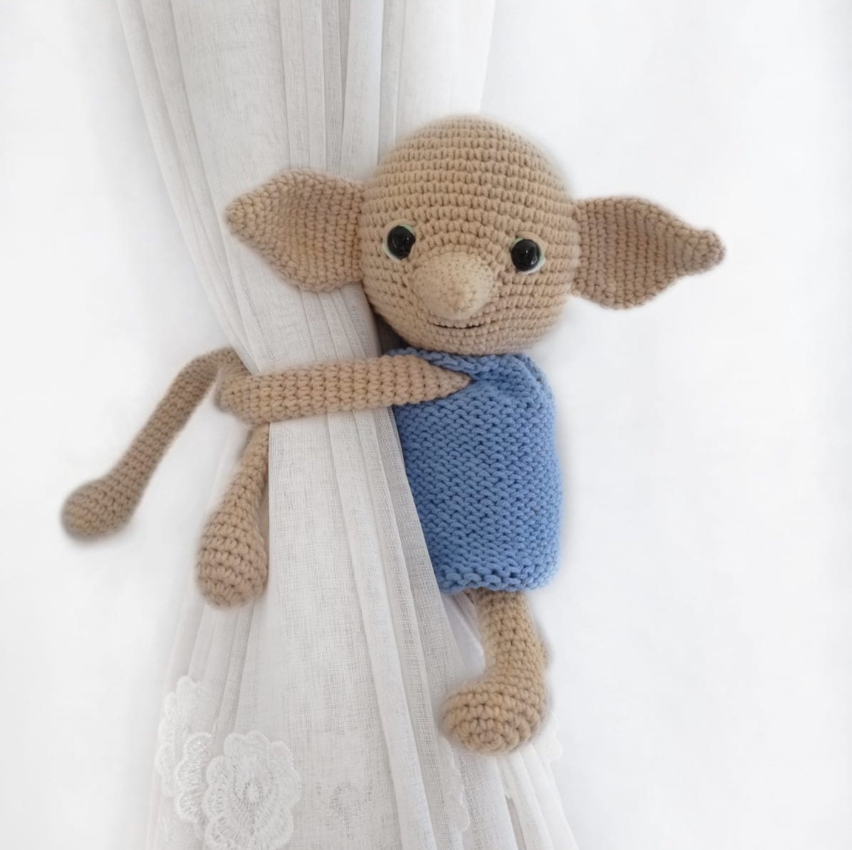 Handmade Crochet Elf – Curtain Holder or Toy – Organic Cotton – Washable – Baby Room Accen
