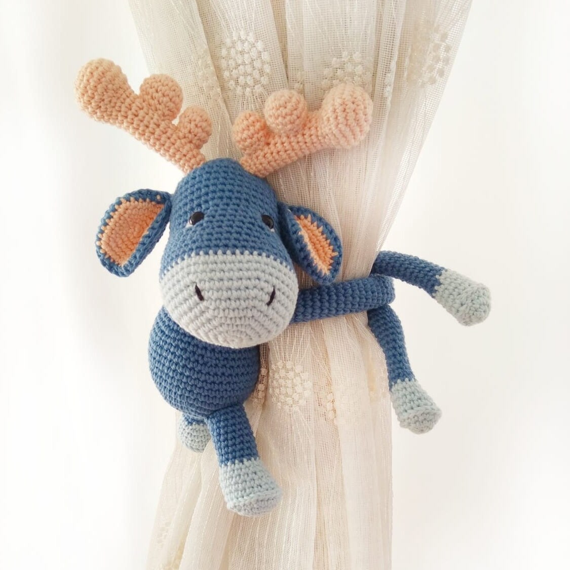 Blue Reindeer Crochet Curtain Tie Back, Home Decor
