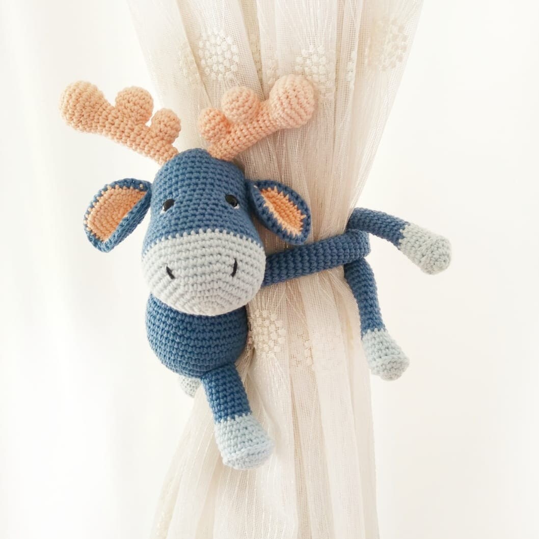 Blue Reindeer Crochet Curtain Tie Back, Home Decor
