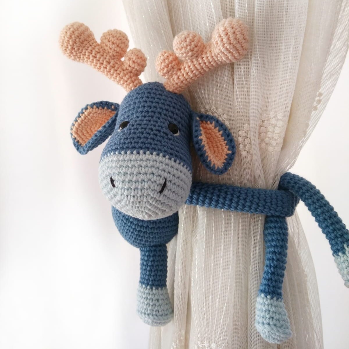 Blue Reindeer Crochet Curtain Tie Back, Home Decor