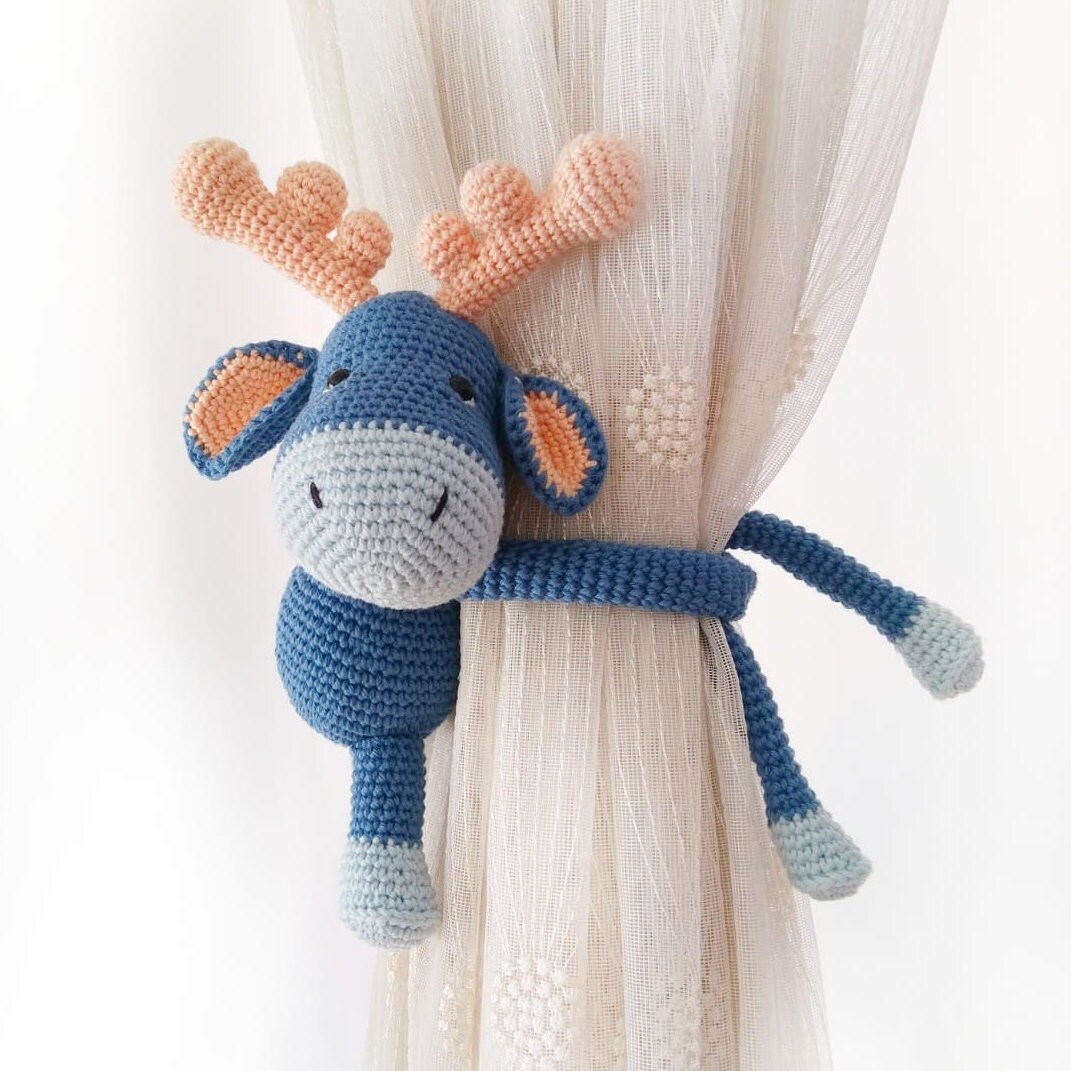 Blue Reindeer Crochet Curtain Tie Back, Home Decor