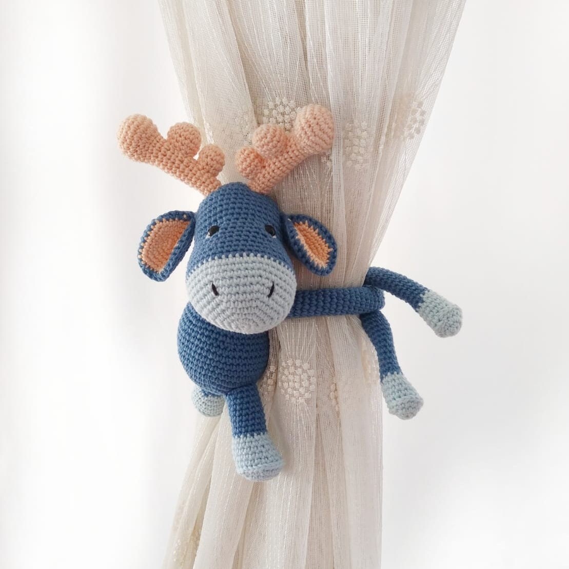 Blue Reindeer Crochet Curtain Tie Back, Home Decor