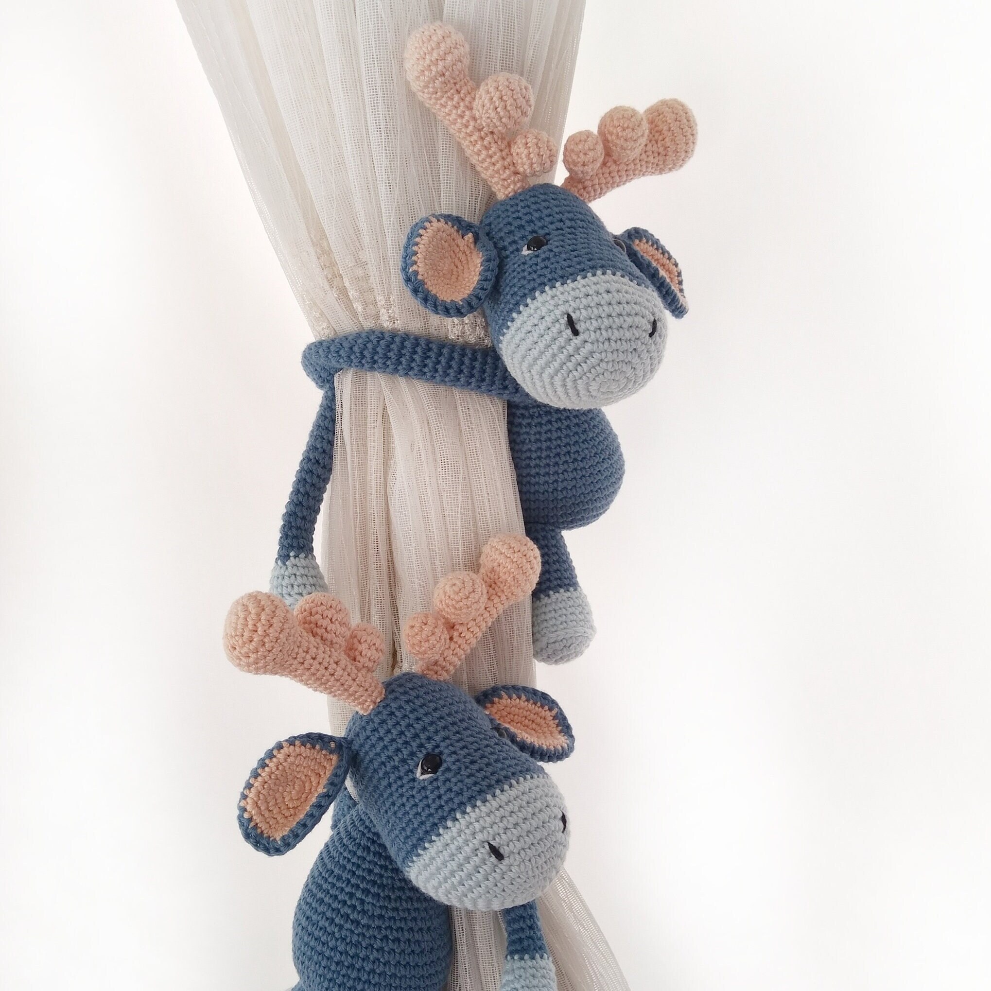 Blue Reindeer Crochet Curtain Tie Back, Home Decor