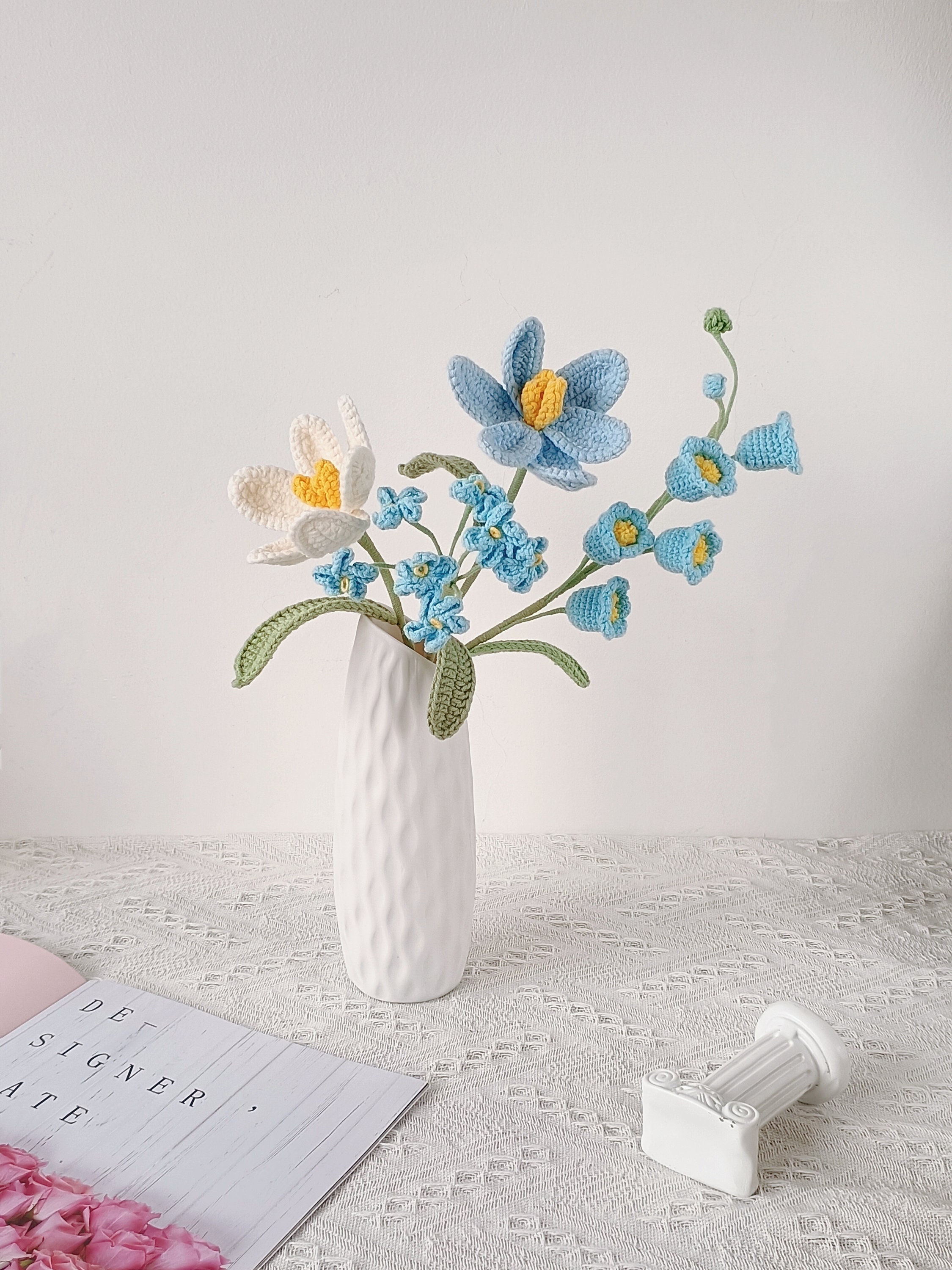 Crochet Lily of the Valley and Forget-Me-Not Bouquet – Adjustable Design