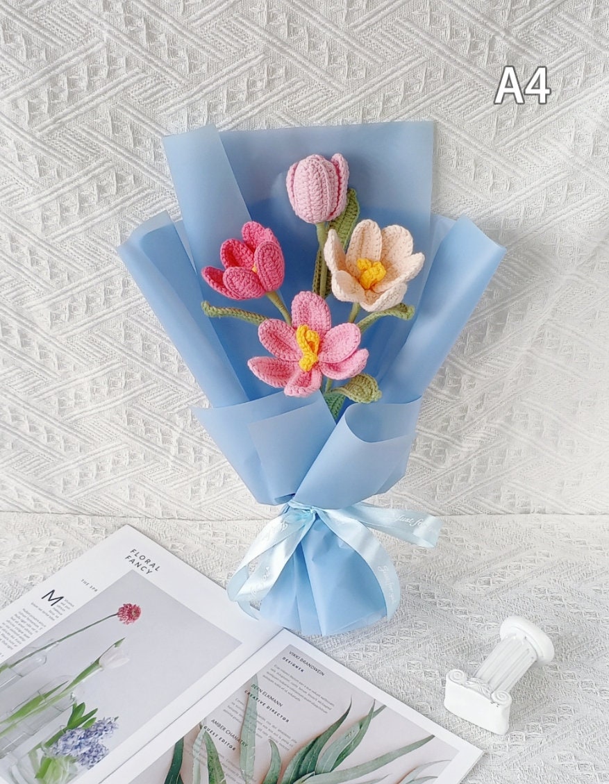 Handmade Crochet Tulip Flower Bouquet, Yarn Flowers for Home Decor or Gift