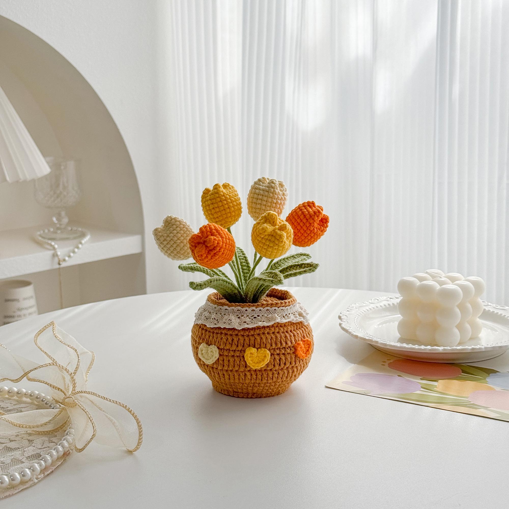 Handmade Desk Decor with Positive Affirmation Crochet Tulip in Pot