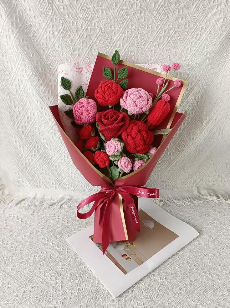 Crochet Rose Bouquet – Handmade – Soft Yarn – No Watering Needed