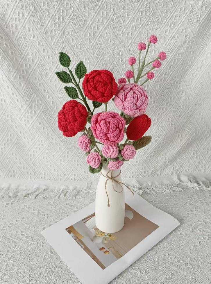 Crochet Rose Bouquet – Handmade – Soft Yarn – No Watering Needed