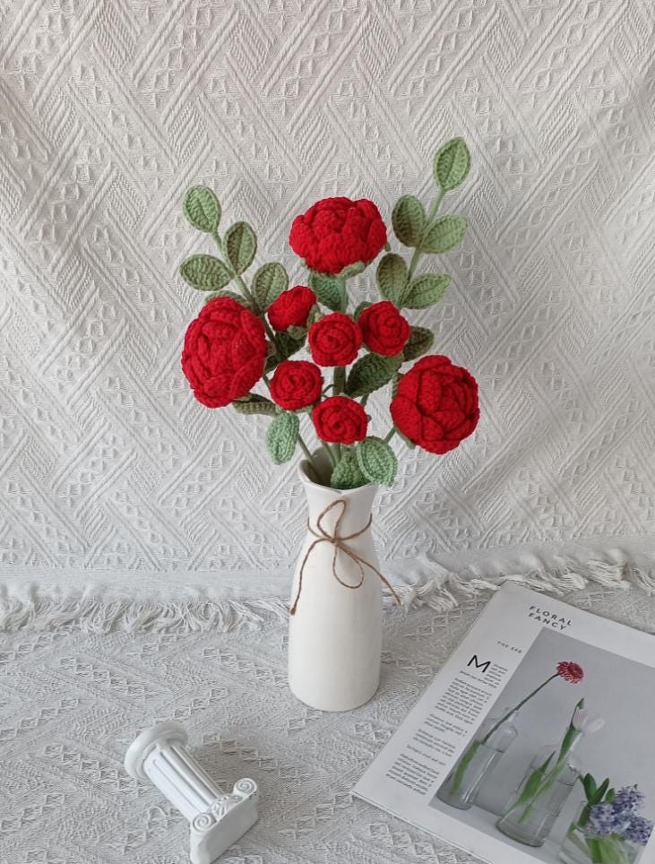 Crochet Rose Bouquet – Handmade – Soft Yarn – No Watering Needed