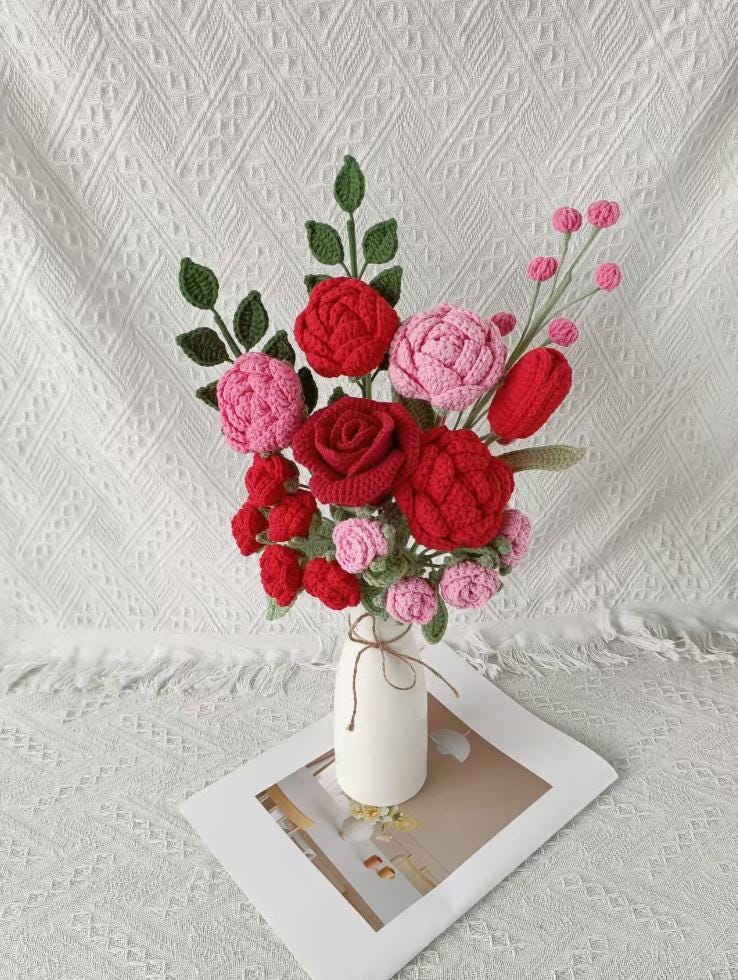 Crochet Rose Bouquet – Handmade – Soft Yarn – No Watering Needed